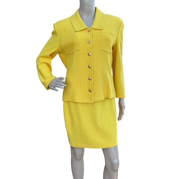 St. John 8 Skirt Suit Yellow Tweed Knit Gold Turn-Lock Jacket Pencil Mini Set - Picture 11 of 16